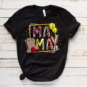 May include: Black t-shirt with a graphic design featuring the words "Mama May" in a colorful, patterned box. The design also includes baseball bats, baseballs, and a popcorn bucket.