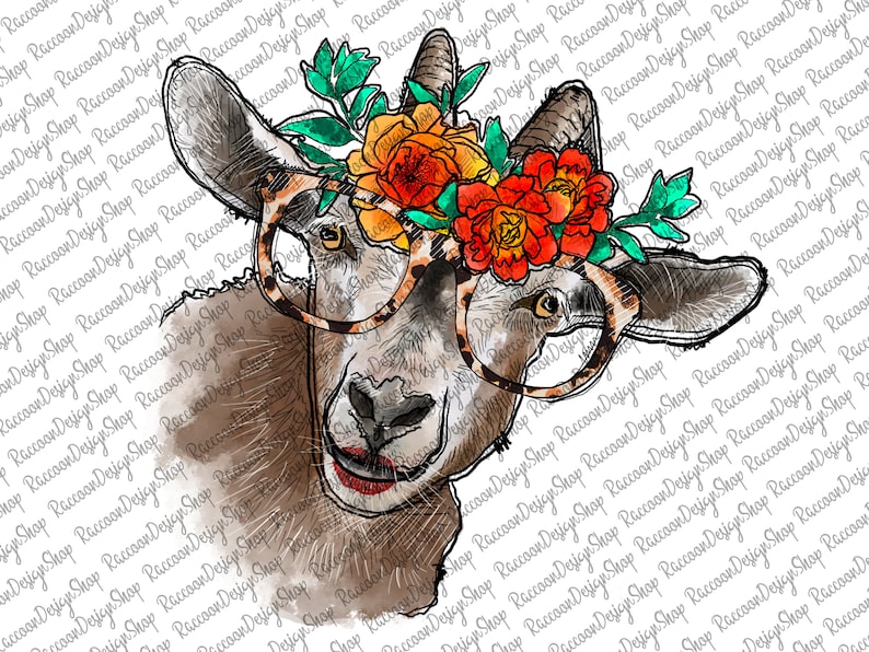 Op de afbeelding: Een aquarel-illustratie van een geit die een luipaardprintbril en een bloemenkrans draagt. De geit heeft een bruin-witte vacht en kijkt recht naar de kijker. De bloemen in de krans zijn oranje, rood en groen.