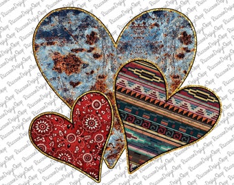 May include: Three overlapping hearts with a rustic, distressed, and patterned design. The largest heart is blue and brown with a rusty texture. The middle heart is a colorful geometric pattern. The smallest heart is red with a white floral pattern.