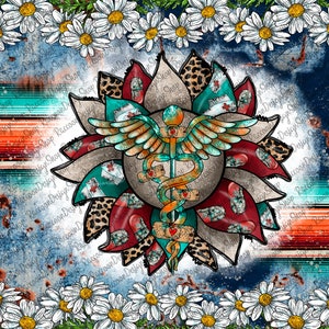 May include: A colorful digital illustration of a medical caduceus symbol with wings, surrounded by a sunflower with red, teal, and leopard print petals. The background is a blue and turquoise watercolor wash with white daisies.