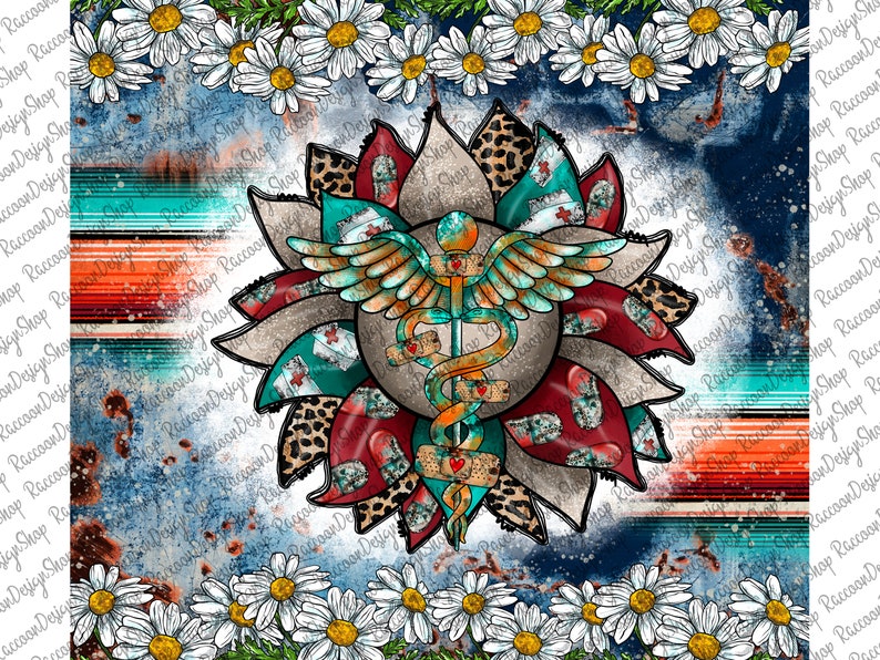 May include: A colorful digital illustration of a medical caduceus symbol with wings, surrounded by a sunflower with red, teal, and leopard print petals. The background is a blue and turquoise watercolor wash with white daisies.