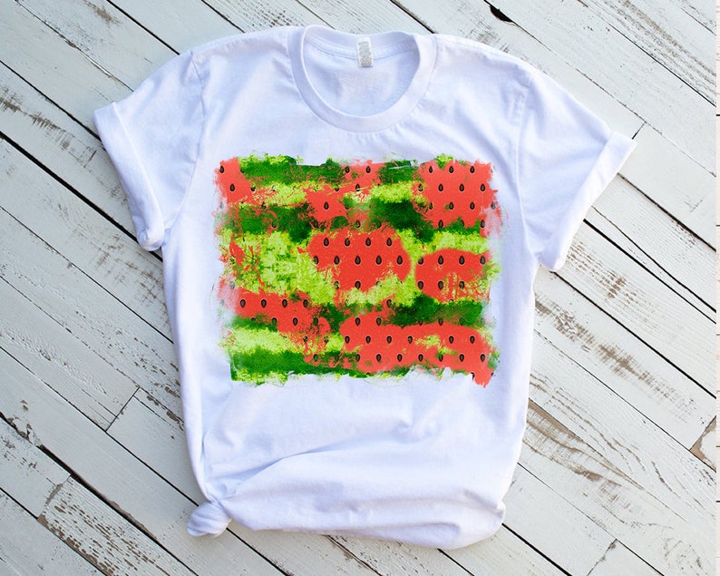 May include: White t-shirt with a watermelon print. The print is a green and red abstract design with black seeds.