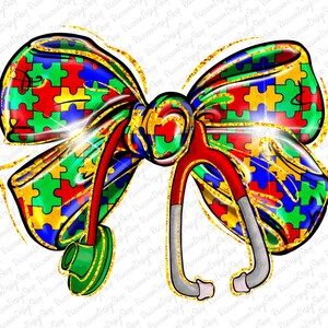 May include: A red and gray stethoscope with a gold glitter bow. The bow is made of puzzle pieces in the colors of the autism awareness ribbon: blue, green, yellow, and red.