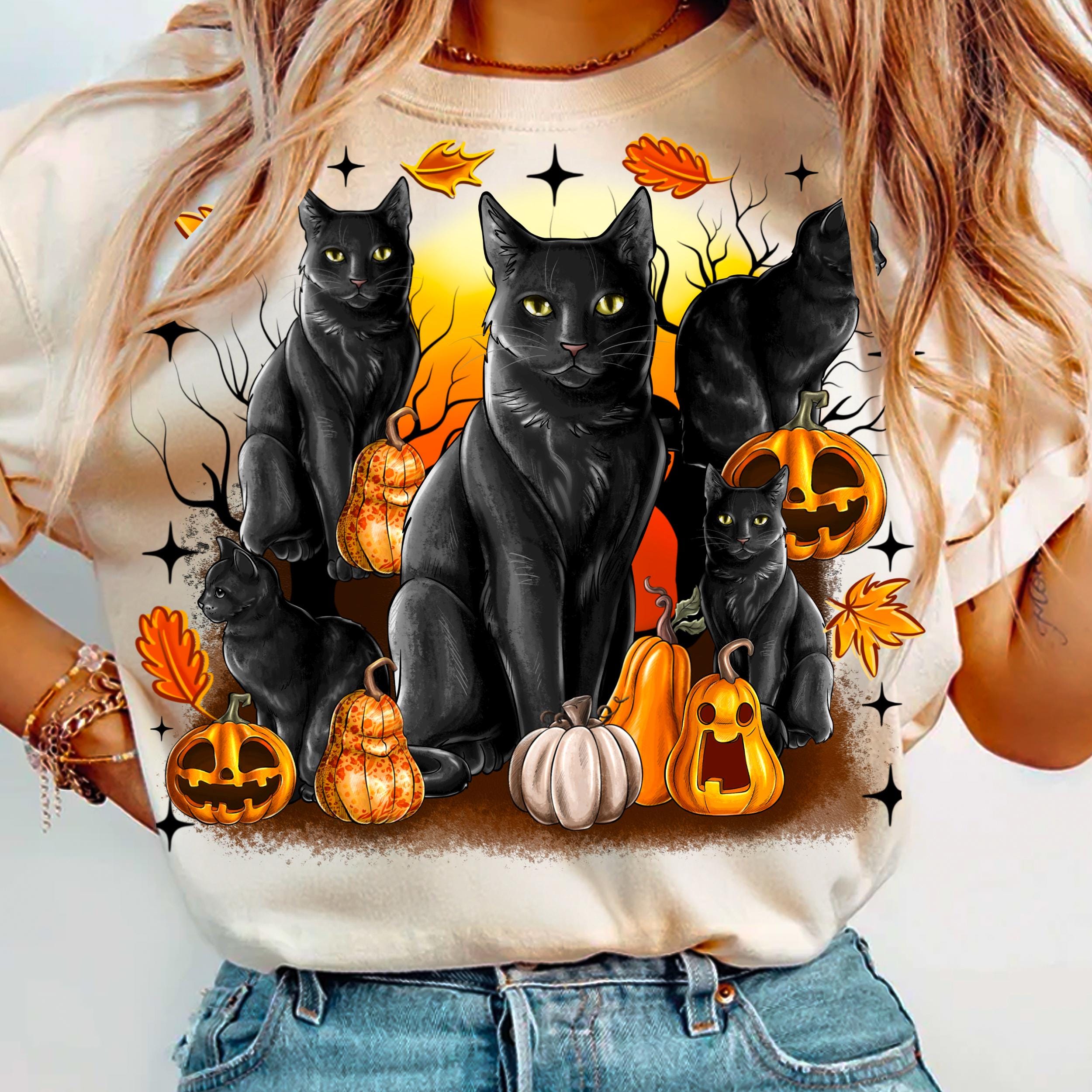 ハロウィンの黒猫かぼちゃPNG昇華デザイン、かぼちゃと赤ちゃん猫