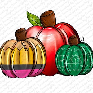 May include: Three pumpkins decorated for fall with a school theme. One pumpkin is painted red and has a green leaf on top. Another pumpkin is painted yellow and has a black and yellow pencil design. The third pumpkin is painted green and has math equations written on it.