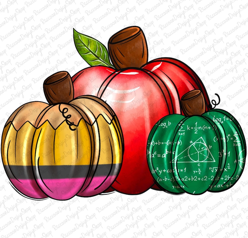 May include: Three pumpkins decorated for fall with a school theme. One pumpkin is painted red and has a green leaf on top. Another pumpkin is painted yellow and has a black and yellow pencil design. The third pumpkin is painted green and has math equations written on it.