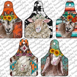 May include: Five different animal head designs on a light brown, black and white, turquoise and red, turquoise and orange, and turquoise and orange background. Each design features a goat or sheep with a floral crown and a different background pattern.