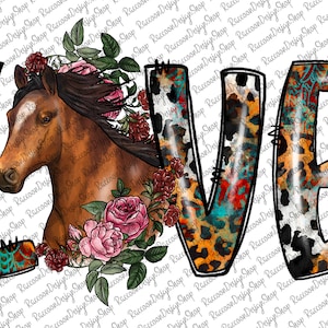 May include: A digital illustration of the word "LOVE" in a colorful, abstract style. The letters are decorated with animal print patterns, including leopard and cowhide. A brown horse with a flowing mane is featured on the left side of the image, surrounded by pink and red roses.