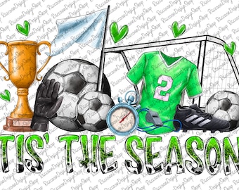 Peut inclure: Graphique sur le thème du football vert et noir avec le texte "Tis' the Season" dans une police verte et noire. Le graphique comprend un ballon de football, un maillot de football, un but de football, un sifflet, un chronomètre et un trophée.