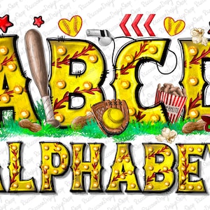 Letras PNG de softbol con relleno de patrones de fondo con costuras de leopardo y pelota, chenilla, fuente de alfabeto de imágenes prediseñadas deportivas para descarga digital