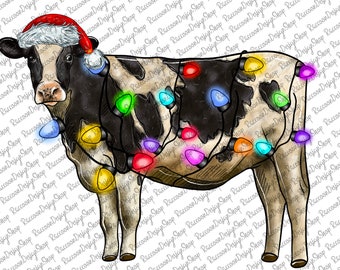 Christmas Cow, Holstein Cow, Digital Download,Png,Christmas Lights Cows Sublimation,Sublimation Designs Downloads,Watercolor Cow