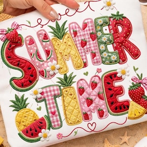 May include: A white fabric with the words "SUMMER TIME" embroidered in a colorful, playful style. The letters are decorated with watermelon, strawberries, pineapples, and daisies. The design has a summer theme.