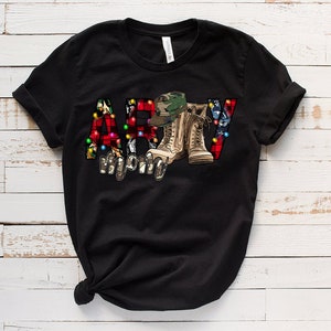 May include: Black t-shirt with a Christmas-themed "Army Mom" design. The letters are decorated with red and green plaid, lights, and a camouflage hat and boots.