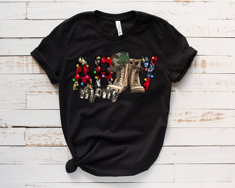 May include: Black t-shirt with a Christmas-themed "Army Mom" design. The letters are decorated with red and green plaid, lights, and a camouflage hat and boots.