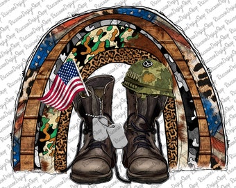 PNG de arcoíris del ejército, PNG de veterano, patrón de camuflaje, piel de vaca, botas militares, bandera estadounidense, descarga digital, diseño de sublimación "Amo a los veteranos"