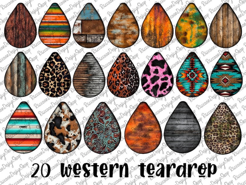 Puede incluir: Una colecci&oacute;n de 20 dise&ntilde;os occidentales en forma de l&aacute;grima. Los dise&ntilde;os presentan varias texturas y patrones, incluyendo vetas de madera, estampados de animales y motivos geom&eacute;tricos. La paleta de colores incluye marrones, naranjas y turquesas.