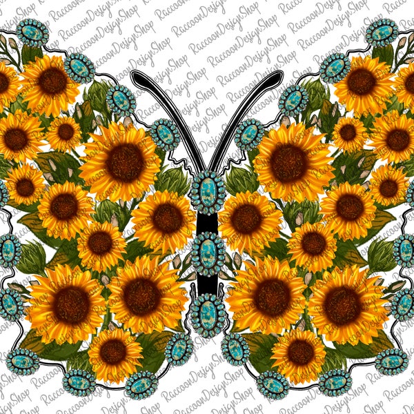 Sunflower Turquoise Butterfly Png, Gem Stone Png File, Sunflower png,Western Png, Sublimation Designs Downloads, Digital Download, Butterfly