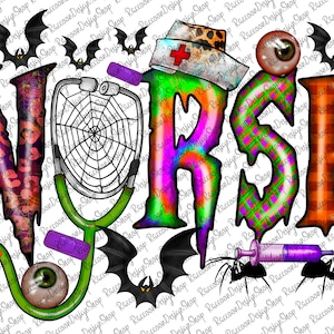 Puede incluir: Un dise&ntilde;o colorido de tem&aacute;tica de Halloween con la palabra "NURSE" con un estetoscopio, una telara&ntilde;a, murci&eacute;lagos y otros elementos espeluznantes.