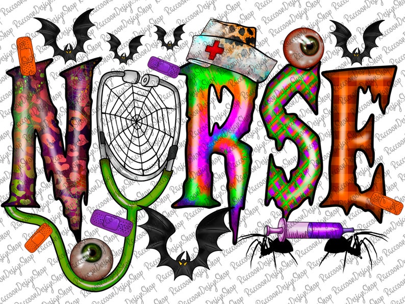 Puede incluir: Un dise&ntilde;o colorido de tem&aacute;tica de Halloween con la palabra "NURSE" con un estetoscopio, una telara&ntilde;a, murci&eacute;lagos y otros elementos espeluznantes.
