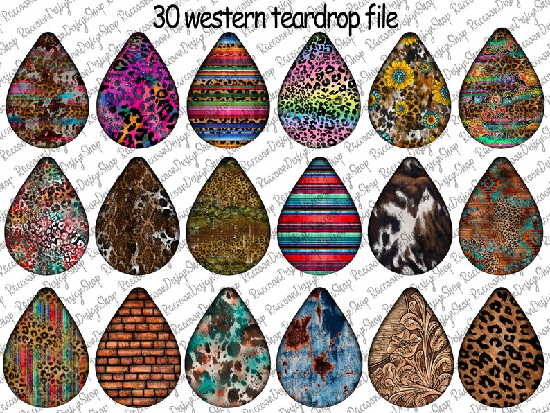 Pu&ograve; includere: Trenta design digitali a forma di goccia a tema western. I design presentano vari motivi, tra cui stampe animalier, strisce e motivi floreali. I design sono in una variet&agrave; di colori, tra cui marrone, nero, bianco, rosa, blu, verde e giallo.