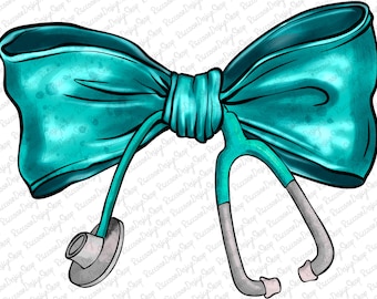 May include: A teal blue bow with a stethoscope tied through the center. The stethoscope is silver and has a blue accent.