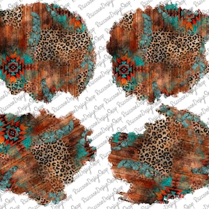 May include: Four digital paper designs featuring a distressed wood background with turquoise, orange, and red geometric patterns, leopard print, and turquoise accents.