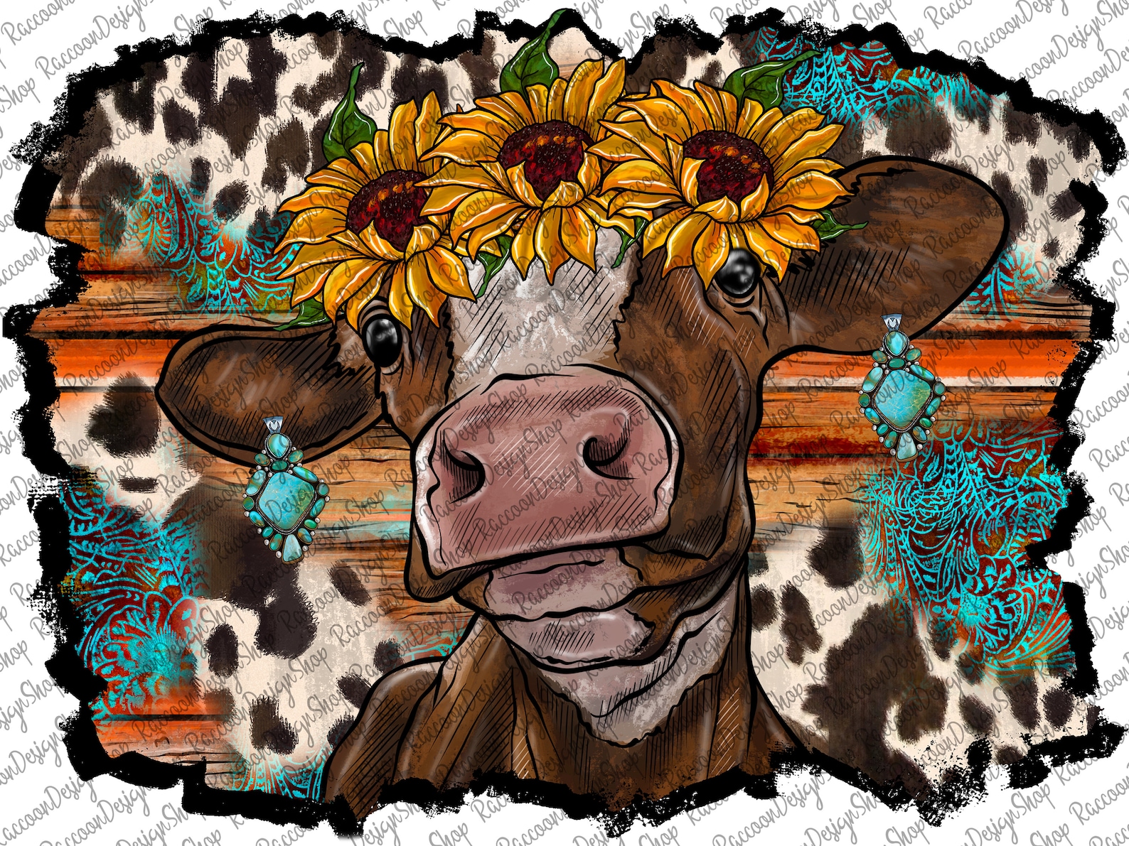 Sunflower Cow Png Farm Animals Watercolor Sunflower Png Cow Etsy