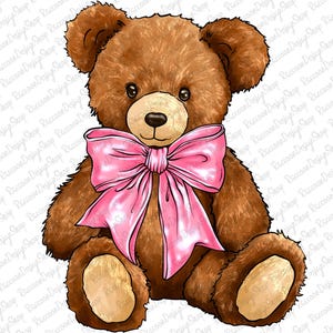 May include: A brown teddy bear with a pink bow. The bear is sitting with its paws in front of it.