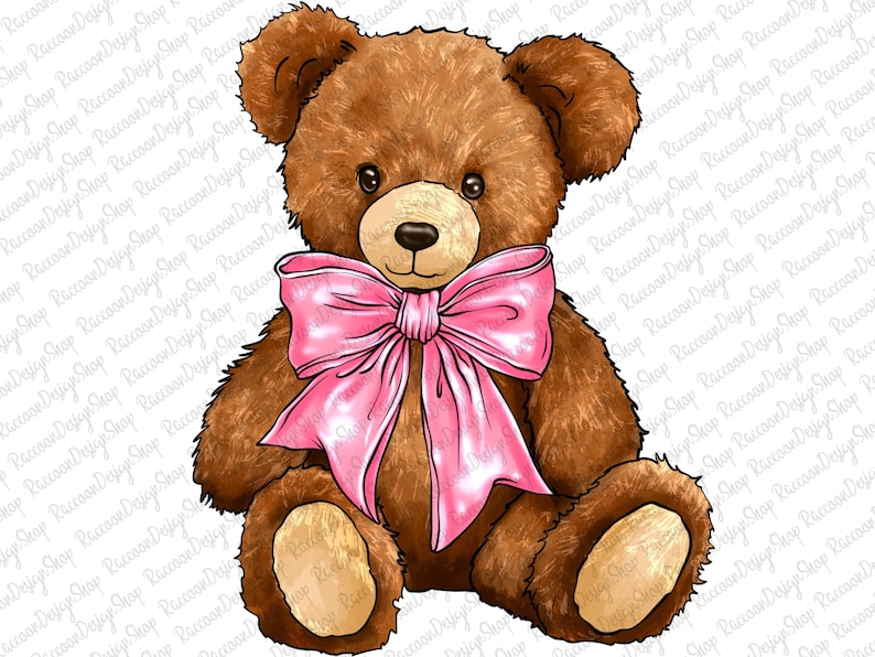 May include: A brown teddy bear with a pink bow. The bear is sitting with its paws in front of it.