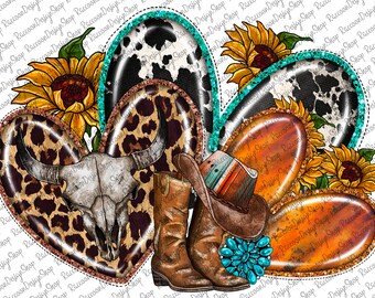 May include: A heart-shaped design featuring a cowhide pattern, a leopard print, a skull with horns, a pair of brown cowboy boots, a cowboy hat, and sunflowers. The design is surrounded by a turquoise glitter border.