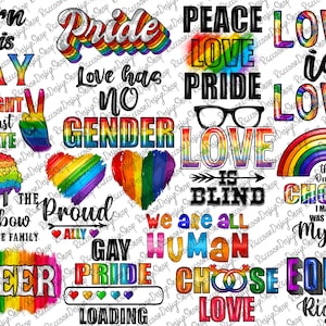Op de afbeelding: Een verzameling kleurrijke digitale illustraties met regenboogstrepen en tekst die LGBTQ+ pride promoot. De tekst bevat zinnen als "Born This Gay", "Love is Blind", "We Are All Human", "Choose Love" en "Equal Rights".