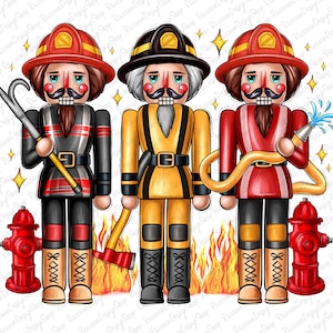 May include: Three nutcracker figurines dressed as firefighters. The nutcrackers are standing in front of a fire with a fire hydrant on each side. The nutcrackers are wearing red, yellow, and black uniforms.