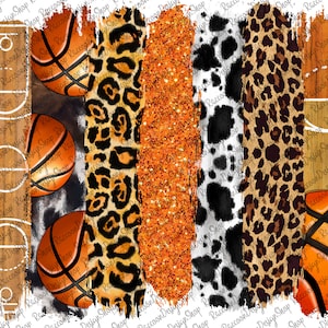 May include: A digital design featuring basketballs, leopard print, cowhide, and glitter textures. The design incorporates a basketball court graphic and a variety of patterns in orange, brown, and black, suitable for sports-themed projects.