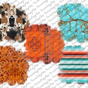 Könnte beinhalten: Ein digitales Papierpaket mit fünf verschiedenen Mustern. Die Muster umfassen einen Kuhfell-Druck, ein verwittertes türkisfarbenes und braunes Muster, ein verwittertes orangefarbenes und braunes Muster, ein Blumenmuster und ein gestreiftes Muster in Türkis, Weiß und Orange.