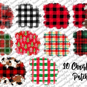 以下が含まれることがあります： 赤、緑、黒、白の10種類のデジタルクリスマス格子柄。水彩画風のラフでテクスチャのあるエッジが特徴です。