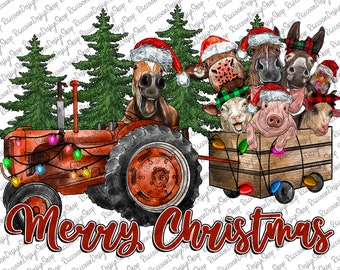 Può includere: Un trattore rosso con un carro pieno di animali da fattoria che indossano cappelli di Babbo Natale. Gli animali includono un cavallo, una mucca, un maiale e una capra. Il trattore e il carro sono decorati con luci di Natale. Il testo "Buon Natale" è scritto in rosso nella parte inferiore dell'immagine.