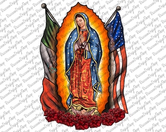 May include: A colorful illustration of the Virgin Mary, depicted in a blue and red robe, with a golden halo. The image is framed by the American and Mexican flags, with red roses at the bottom.