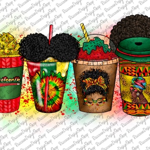 May include: Four colourful cups with different designs and toppings. The cups are decorated with a tie-dye pattern, a green and red pattern, a red and white pattern, and a black and gold pattern. The text "Juneteenth" is on the red and white cup.