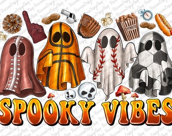 May include: A digital illustration featuring ghosts dressed as sports equipment, including a football, basketball, and baseball. Additional elements include popcorn, peanuts, and the text "Spooky Vibes" in orange and yellow.