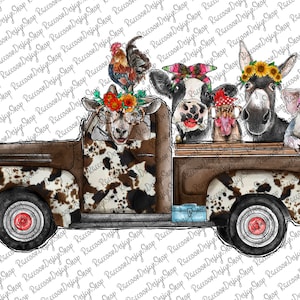 May include: A brown and white cow print pickup truck with a goat, cow, donkey, pig, and rooster in the bed. The animals are wearing flowers and headbands.