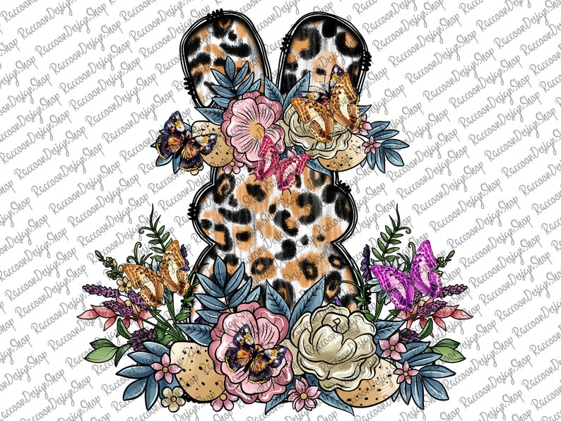 May include: A leopard print bunny silhouette surrounded by colorful flowers and butterflies. The bunny is outlined in black and has a textured, watercolor-like appearance. The flowers are pink, white, and yellow, and the butterflies are orange, brown, and purple.