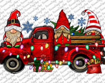 May include: A festive illustration of a red pickup truck adorned with Christmas lights and carrying three gnomes, a Christmas tree, and gifts. Snowflakes and a sack of presents complete the holiday scene.