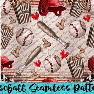 May include: A seamless pattern featuring baseballs, bats, peanuts, and baseball helmets. The pattern is set against a red, white and blue striped background with a leopard print accent. The text "PEANUTS" appears on the peanut containers.