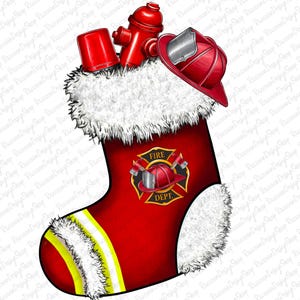 Calza della Befana dei Vigili del Fuoco PNG, alberi di Natale dei vigili del fuoco Png disegno di sublimazione download, Natale Png, pompiere Png, Natale
