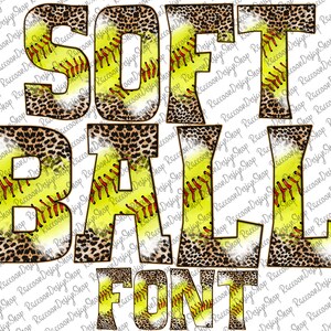 Letras PNG de softbol con relleno de patrones de fondo con costuras de leopardo y pelota, chenilla, fuente de alfabeto de imágenes prediseñadas deportivas para descarga digital