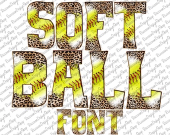 Softball Letters PNG with Leopard and Ball Stitching Background Pattern Fills, Chenille, Sports Clipart Alphabet Font for Digital Download