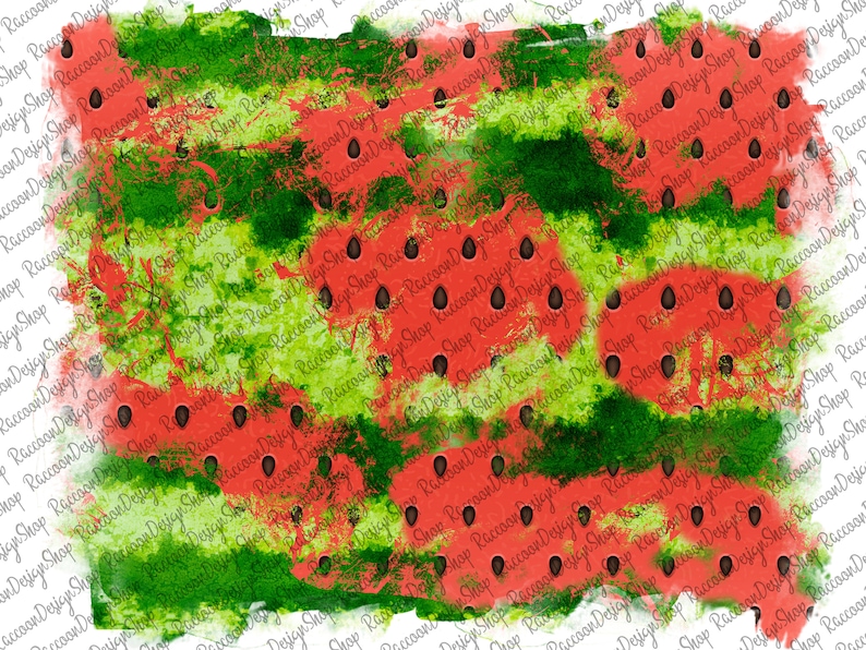 May include: Watermelon pattern with red and green watercolor paint splatters. The watermelon pattern is repeated throughout the image. The background is white.