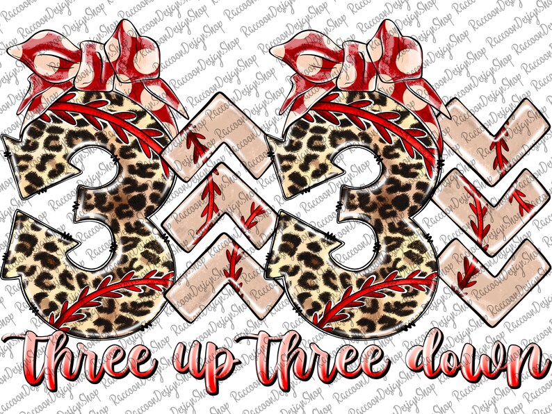 Puede incluir: Dos pelotas de b&eacute;isbol de estampado de leopardo con costuras rojas y lazos rojos. Las pelotas de b&eacute;isbol est&aacute;n rodeadas de flechas rojas con costuras blancas. El texto "three up three down" est&aacute; escrito en rojo debajo de las pelotas de b&eacute;isbol.