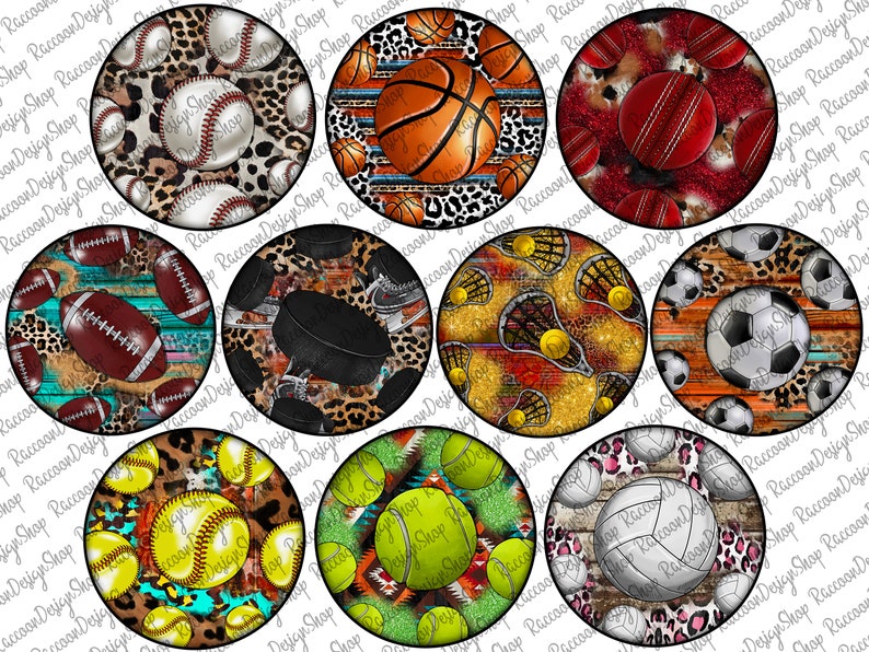 May include: Set of 10 round sublimation blanks featuring different sports, including baseball, basketball, cricket, football, hockey, lacrosse, soccer, softball, tennis, and volleyball. Each blank has a colorful background with animal print accents.