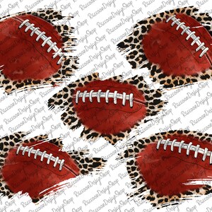 May include: A digital design featuring five red footballs with white laces, set against a backdrop of leopard print and white brushstrokes. The design is suitable for various applications, such as apparel or home decor.